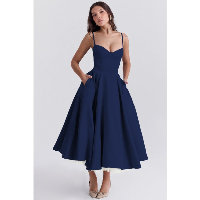 Women's summer dress: european and american high-end princess gown, french style mesh a-line double layer spaghetti strap dress