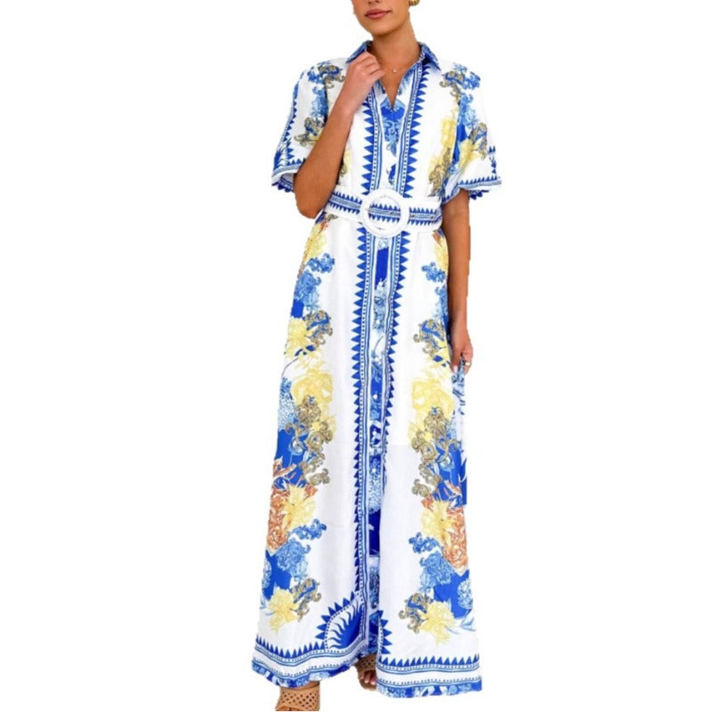 Women's summer dress - european and american style, cross-border e-commerce, casual fashion, printed, turn-down collar, women's long dress