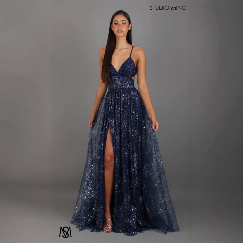 Women's dress - european & american cross-border fashion - amazon long sleeveless bandeau dress with gold accents, sexy spaghetti straps, and flowy skirt