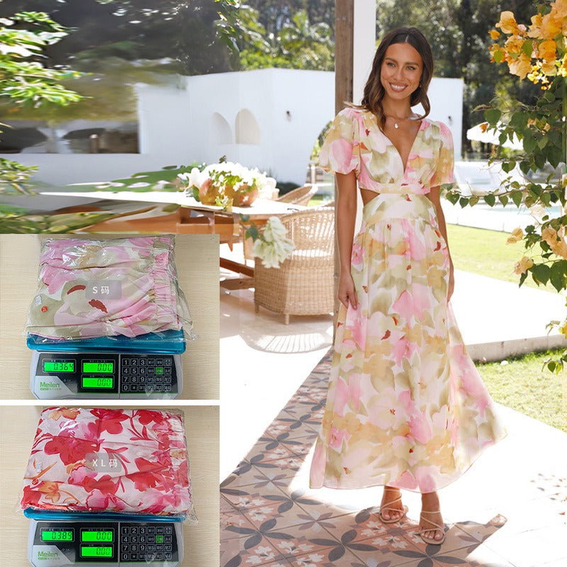 Women's dress - cross-border fashion, european & american export, independent website, spring/summer fresh & elegant floral print, maxi swing dress with open back design