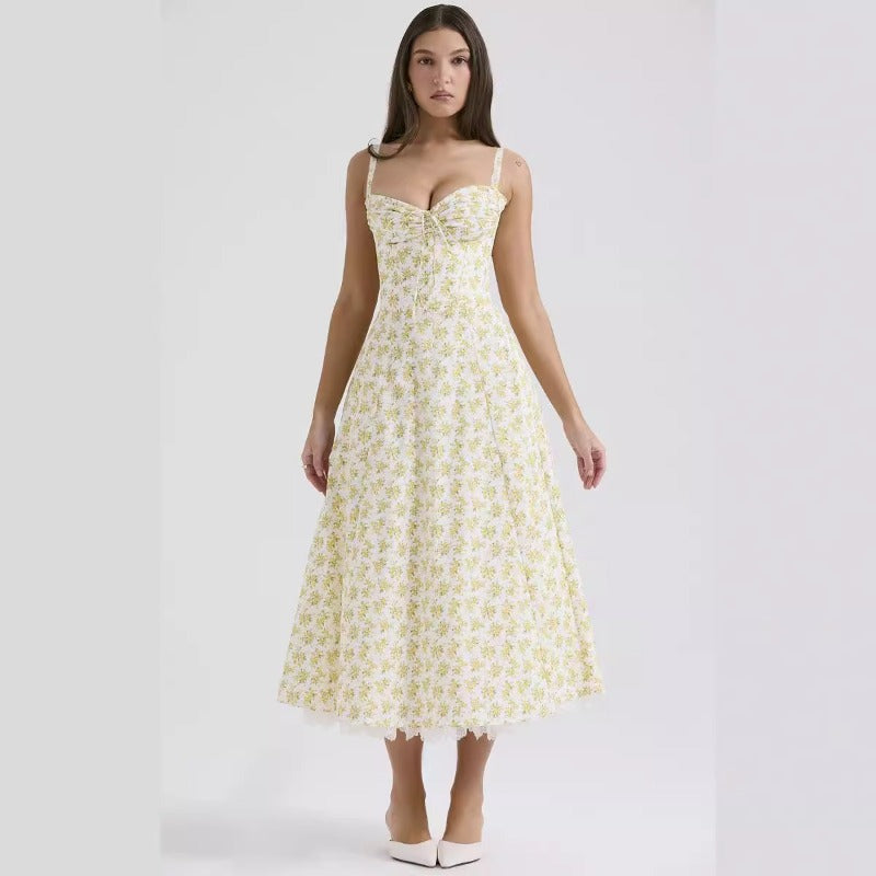 Women's dress: european and american cross-border chic floral collection - french summer camisole dress, soft & feminine style, slimming floral camisole maxi dress