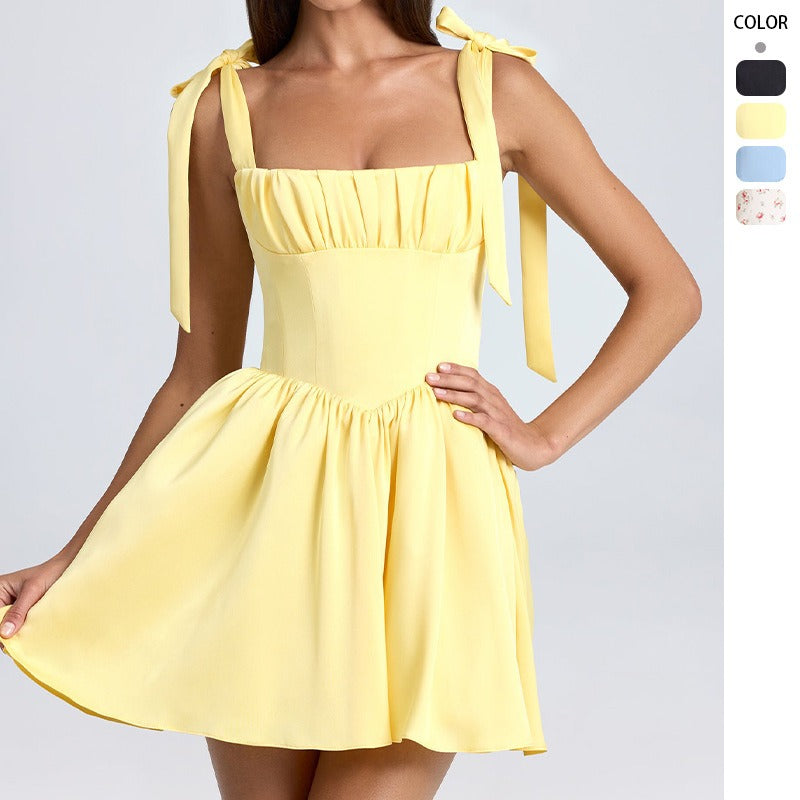 Women's summer fashion dress: european and american style, square neck, high waist, pleated patchwork, bowknot strap dress