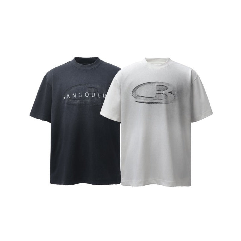 Men's t-shirts: american retro heavyweight double yarn washed & distressed logo design, men's high street oversized short sleeve tee