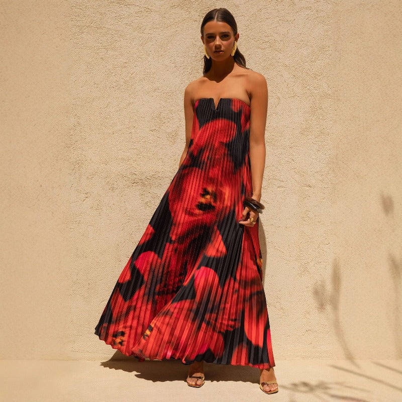 Women's dress - amazon independent site, cross-border e-commerce, european & american export, printed bandeau, loose fit, heavily pleated, long maxi dress for women