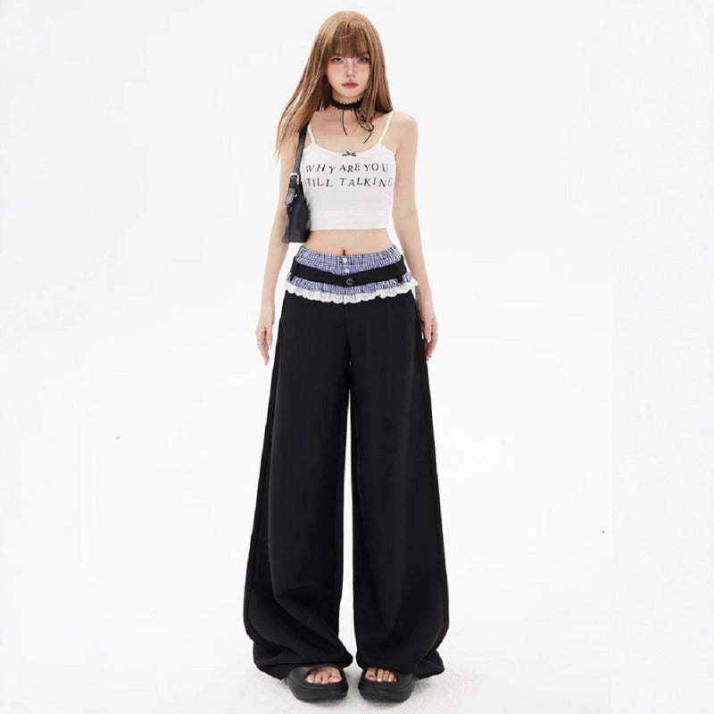 Women casual pants plaid lace women summer double waist loose