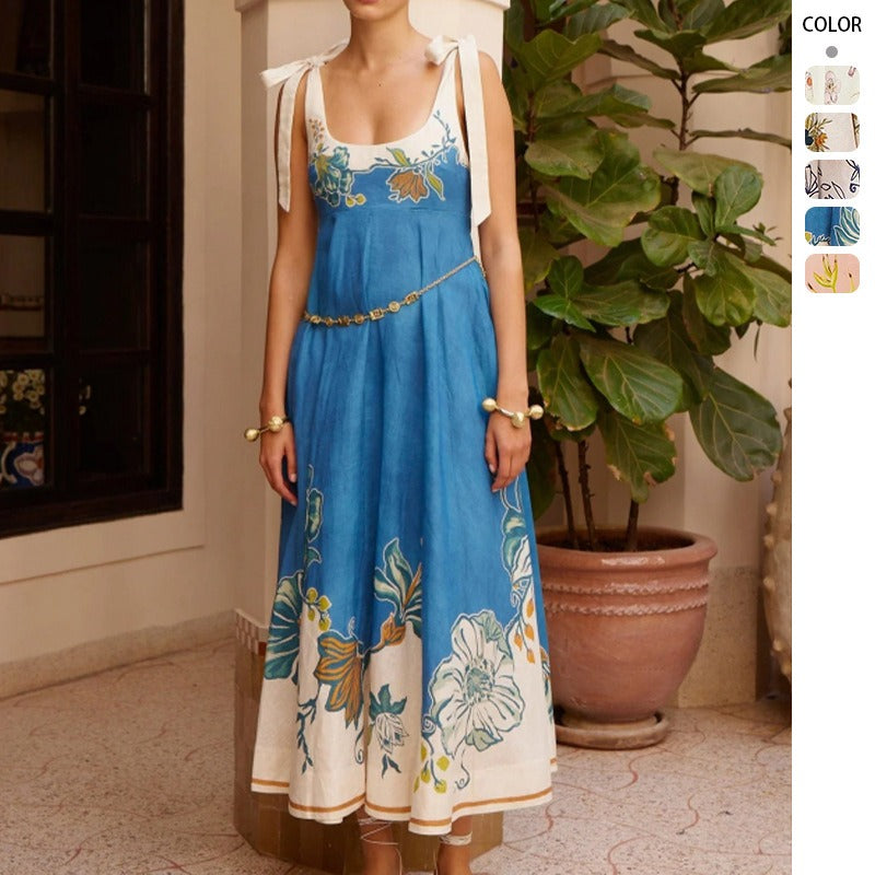 Women's vintage floral print tie-up cami maxi dress - summer bohemian style