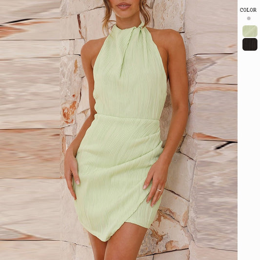 Women's dress - cross-border fashion, european & american summer, high-end halter neck textured backless bodycon dopamine sexy mini dress