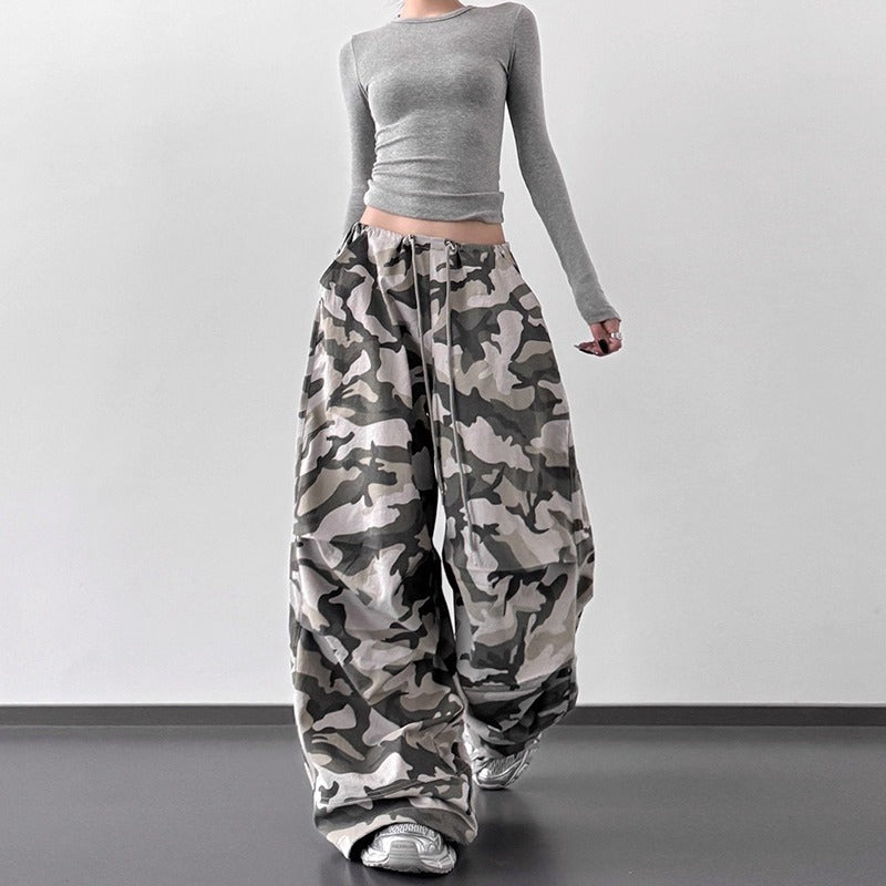 Women casual pants retro camouflage women elastic high waist loose