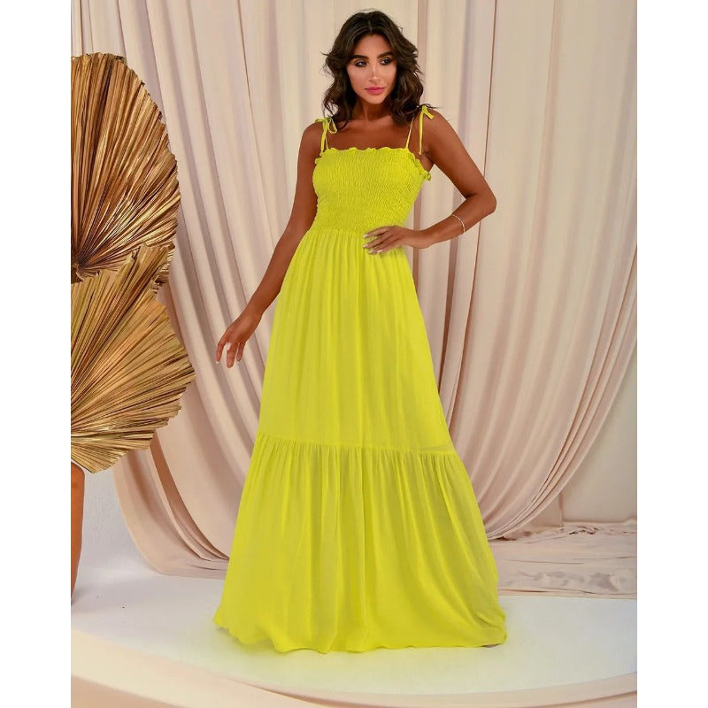 Women's dress: european and american style, solid color, high-waisted, slimming, elegant, vintage-inspired, spaghetti strap, maxi length, dress, light luxury