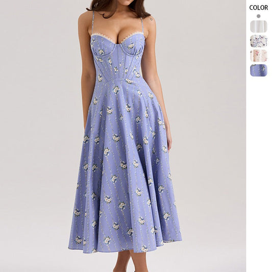 Women's dress - amazon cross-border e-commerce - european and american style - elegant, gentle, slim-fit, floral print, spaghetti strap, fairy-tale dress for women