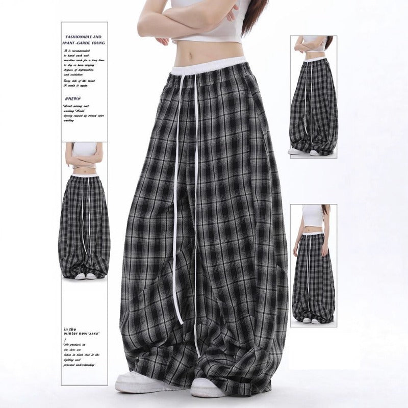 Women casual pants black and white grids high waist