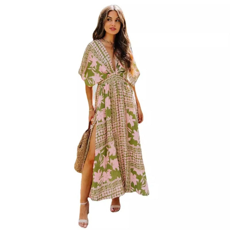 Women's summer dress - european & american style amazon long dress - high waist, spicy girl, batwing sleeve, v-neck, printed, sexy women's dress