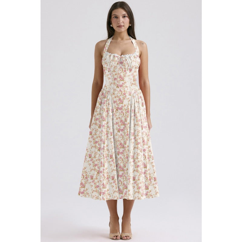 Women's summer slim-fit camisole maxi dress - european & american style fashion print halter neck lace trim dress