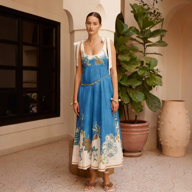Women's vintage floral print tie-up cami maxi dress - summer bohemian style