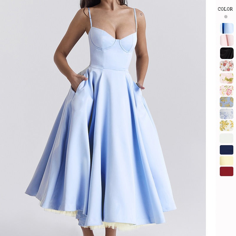 Women's summer dress: european and american high-end princess gown, french style mesh a-line double layer spaghetti strap dress