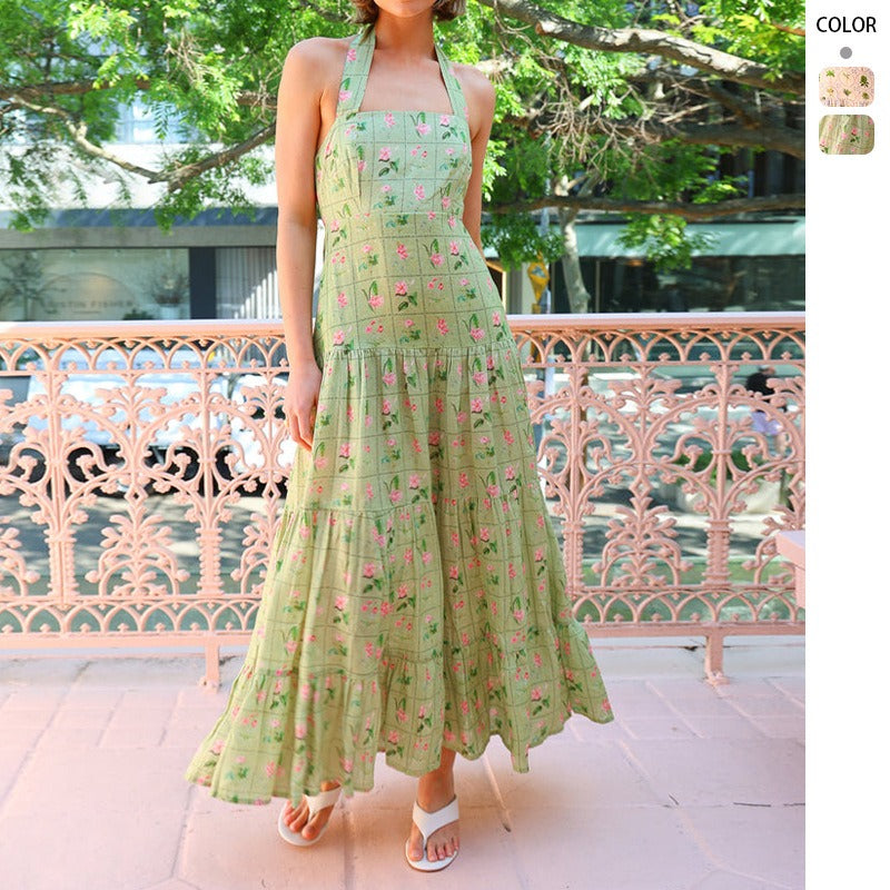 Women's dress: cross-border european and american style, sweet and elegant printed sleeveless halter dress, feminine open-back a-line maxi dress