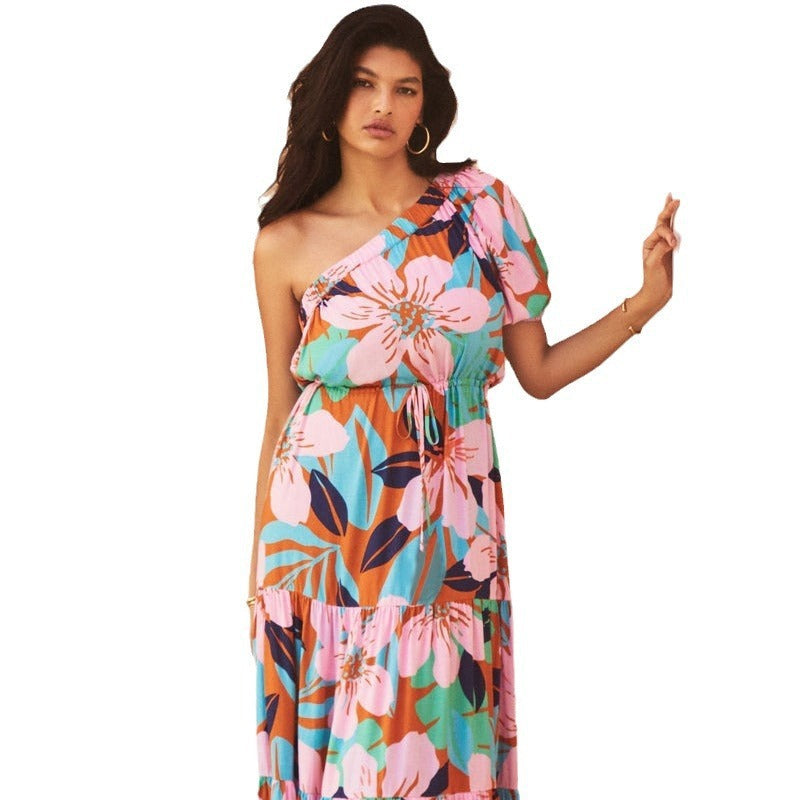 Women's dress - cross-border european & american fashion - amazon spring/summer one-shoulder resort style floral high-end dress - women's skirt