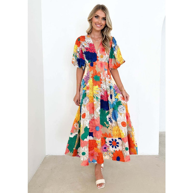 Women's dress - amazon cross-border fashion - european & american style - summer floral print - bubble sleeve a-line maxi dress - elegant dress