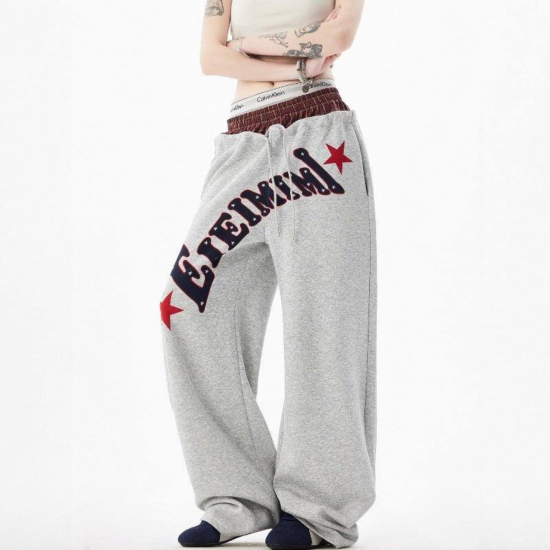 Women's casual pants - vintage style, double waistband, letter print, relaxed fit
