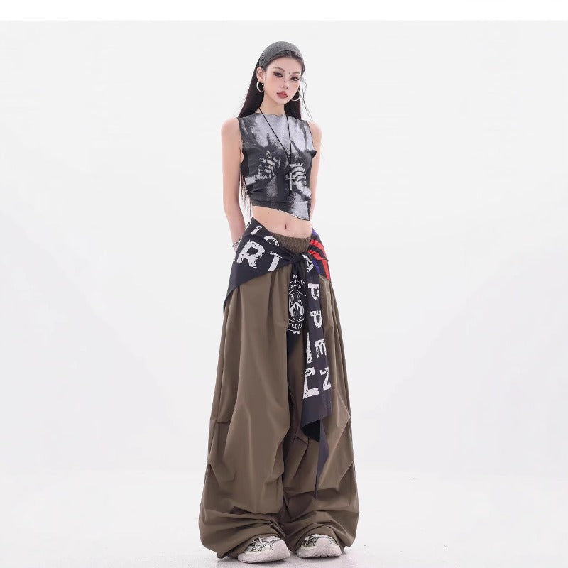 Women casual pant retrocontrast color fart curtain loose