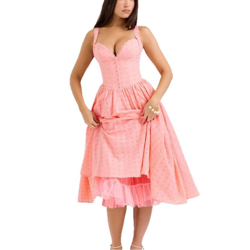 Women's dress - new arrival: solid color embroidered soft mesh, heavily detailed, sexy, slim-fit cami dress - perfect for cross-border e-commerce on amazon and independent websites