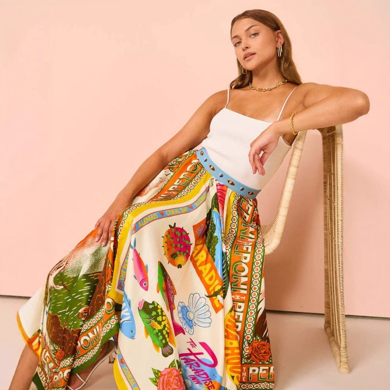 Women's dress - spring/summer long printed a-line midi skirt with asymmetrical hem and cinched waist - stylish and elegant