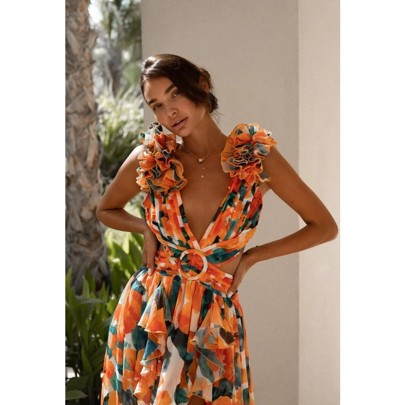 Women's dress - amazon us & europe style - instagrammable vacation maxi dress - cutout, slim fit, deep v neck, ruffle trim, floral print, open back dress