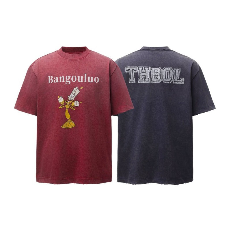 American retro heavyweight double yarn washed distressed cartoon design men's high street oversized short sleeve t-shirt