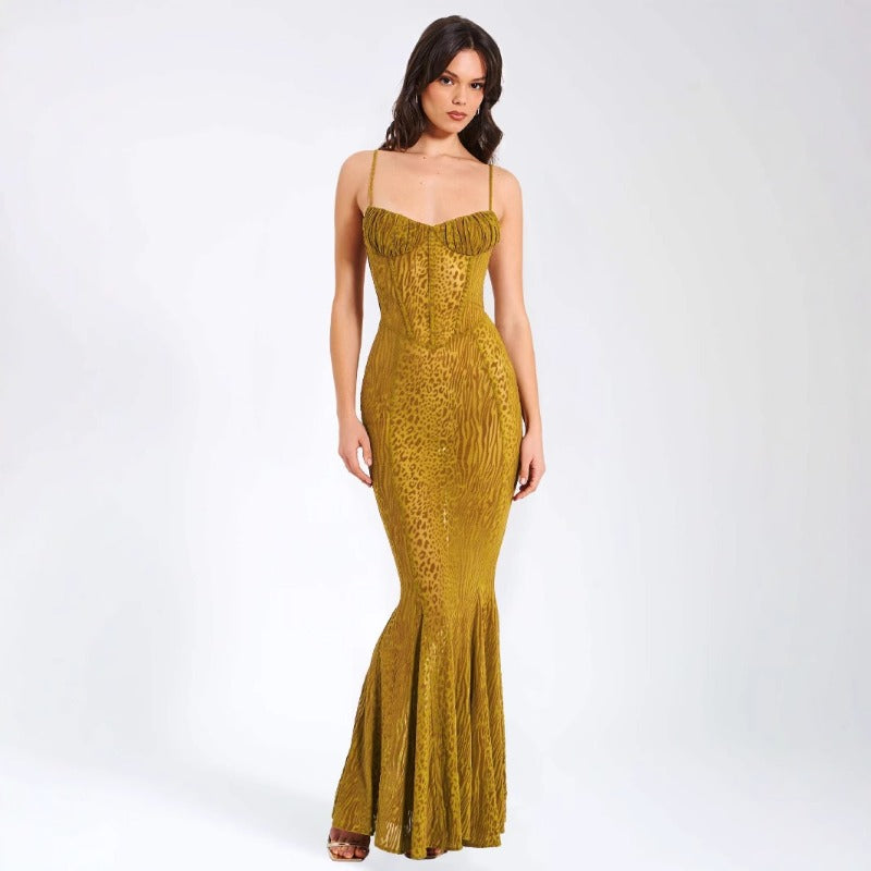 Women's dress: american summer style, ultra-sexy leopard print, low-cut, see-through, slim-fit cami dress