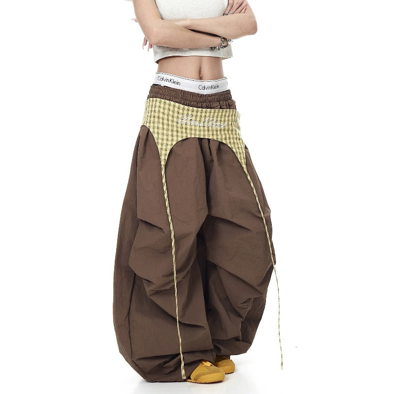 Women casual pants retroplaid butt curtain