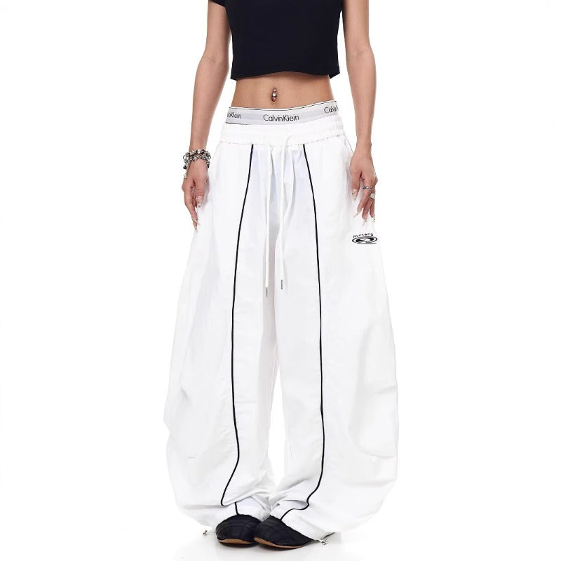 Women casual pants retro women loose high waist wide leg pants