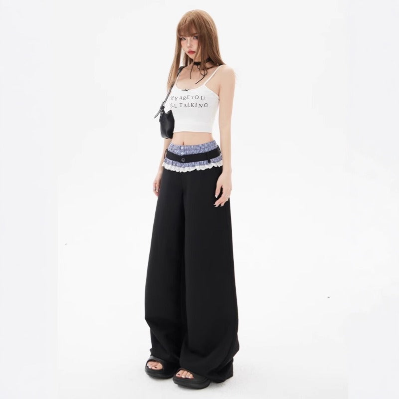 Women casual pants plaid lace women summer double waist loose