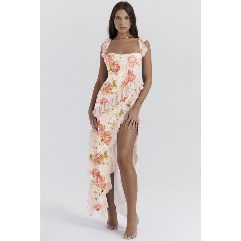 Women's dress - cross-border fashion, european & american summer style, french-style spaghetti strap, ruffle trim, designer detail, sexy slit maxi dress