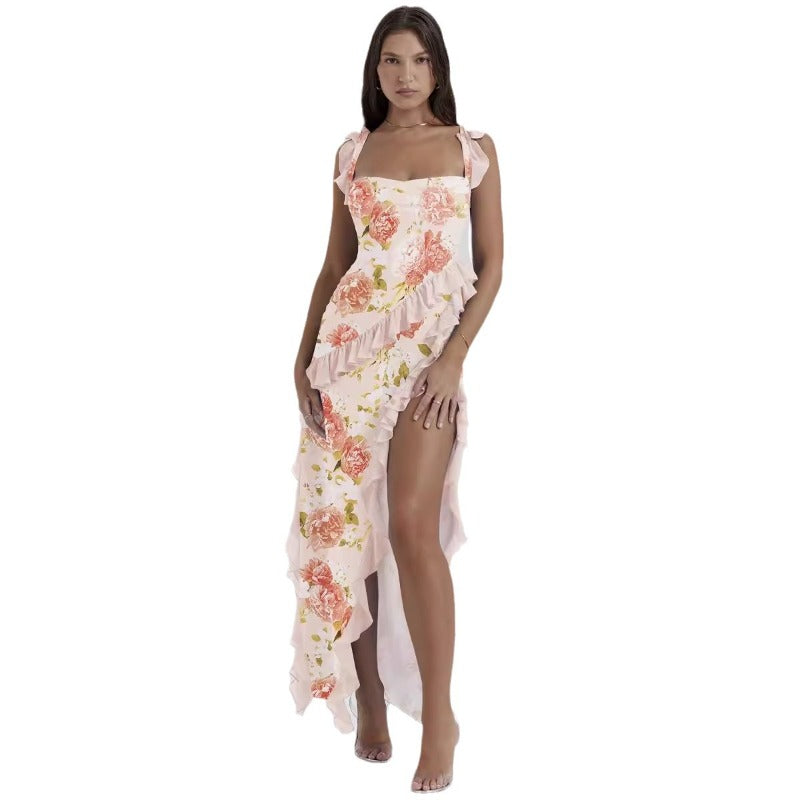 Women's dress - cross-border fashion, european & american summer style, french-style spaghetti strap, ruffle trim, designer detail, sexy slit maxi dress