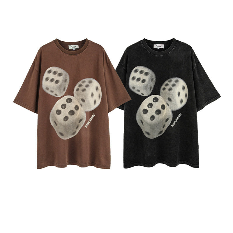 Mens T Shirts Dice Print Loose Short Sleeves