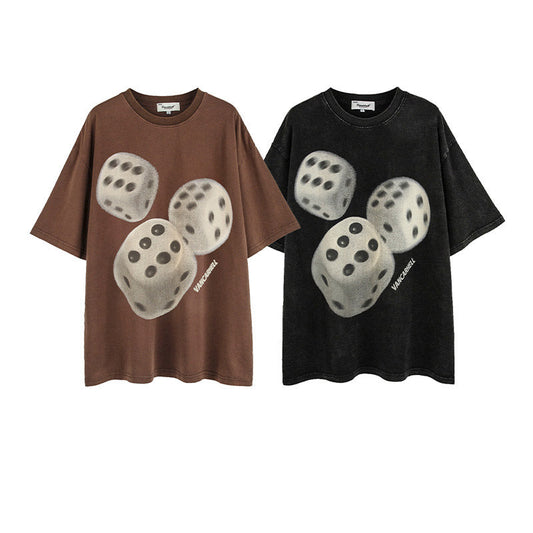 Mens T Shirts Dice Print Loose Short Sleeves