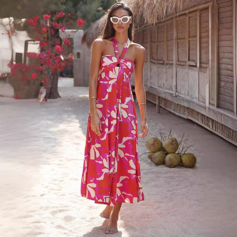 Women's dress - standalone e-commerce site - cross-border fashion - european & american summer dress - halter neck sleeveless printed a-line bohemian maxi dress for women
