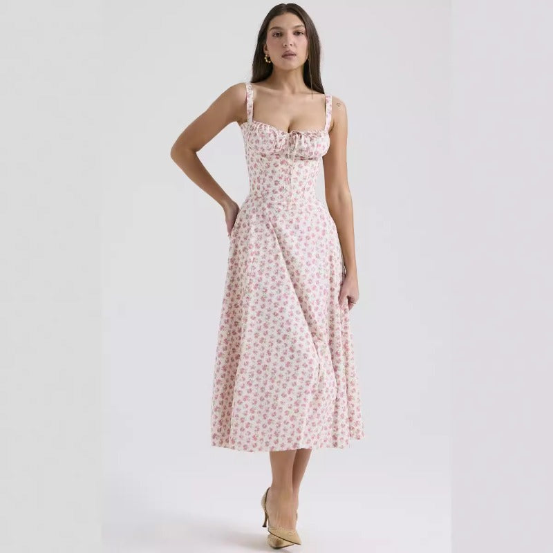 Women's dress: european and american cross-border summer sexy backless slim-fit cami dress, vacation-style floral print slit midi dress