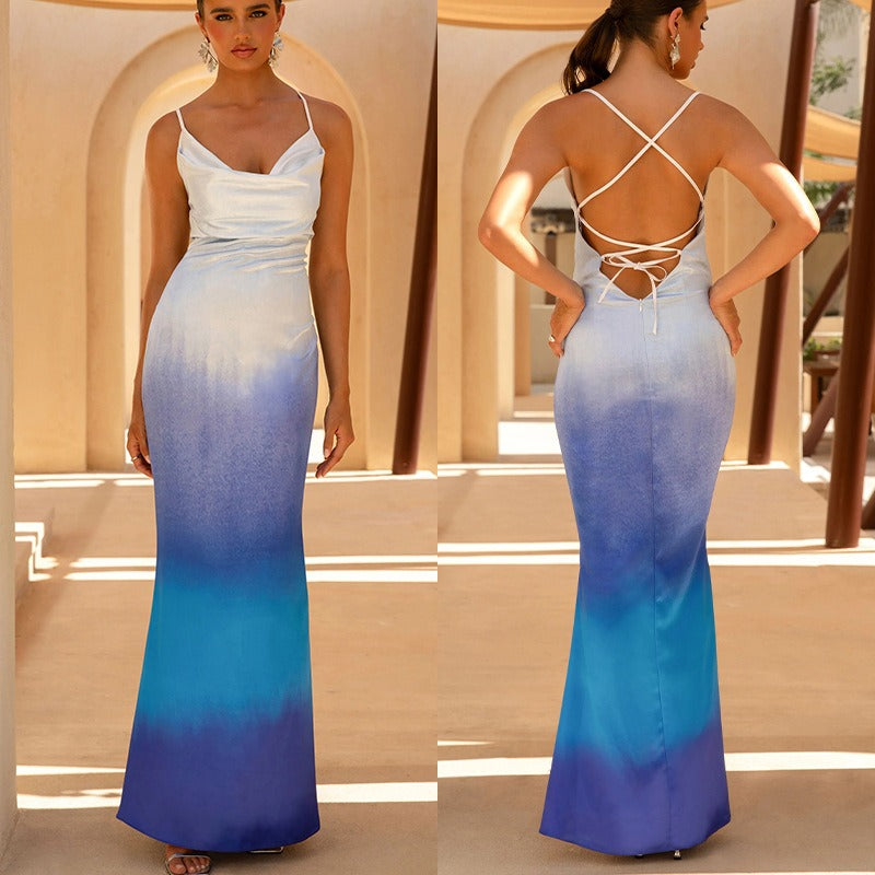 Women's dress - european & american sexy women's clothing - cross-border amazon sexy camisole satin gradient backless dress