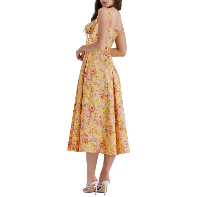 Women's dress: european and american style, high-end sensibility, spaghetti strap, sexy backless, summer floral print, french style dress for women