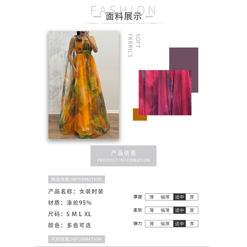 Women's dress - cross-border ins style vacation casual party dress - european and american spring/summer mesh print cami dress