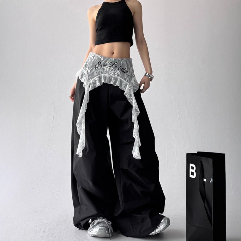 Womens casual pants womens summer loose lace stitching fart curtain