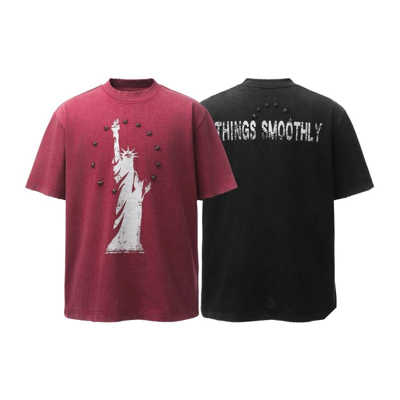 Men's t-shirts: american retro heavyweight double yarn distressed metal embellished design, men's high street oversized short sleeve tee