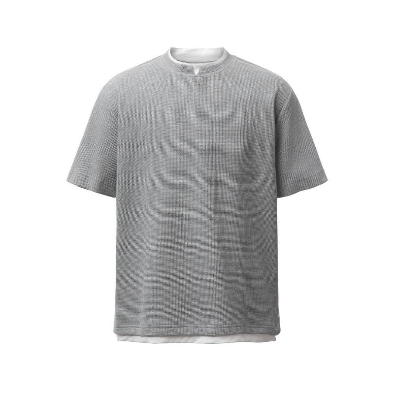 Men t shirts american retroheavy weight grids fake two-piece deconstructed design men's high street loose short-sleeved t-shirt