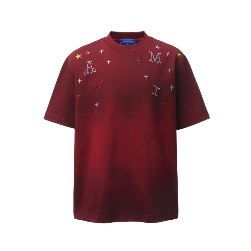 Men t shirts american retroheavy weight double yarn high quality high street washed distressed embroidermen's loose short-sleeved t-shirt