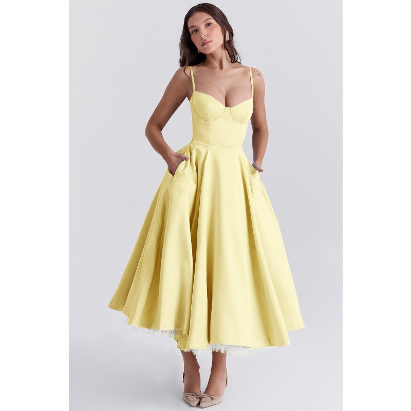 Women's summer dress: european and american high-end princess gown, french style mesh a-line double layer spaghetti strap dress