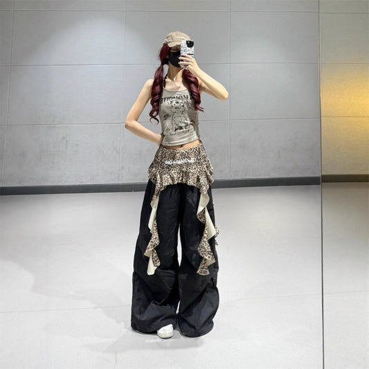 Women casual pants women's summer wide fake two-piece leopard print fart curtain splicing wide-leg pants
