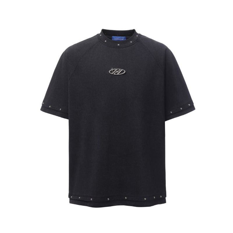 Men's t-shirts: american retro heavyweight double yarn high-quality high street distressed metal embellished men's loose fit short sleeve t-shirt