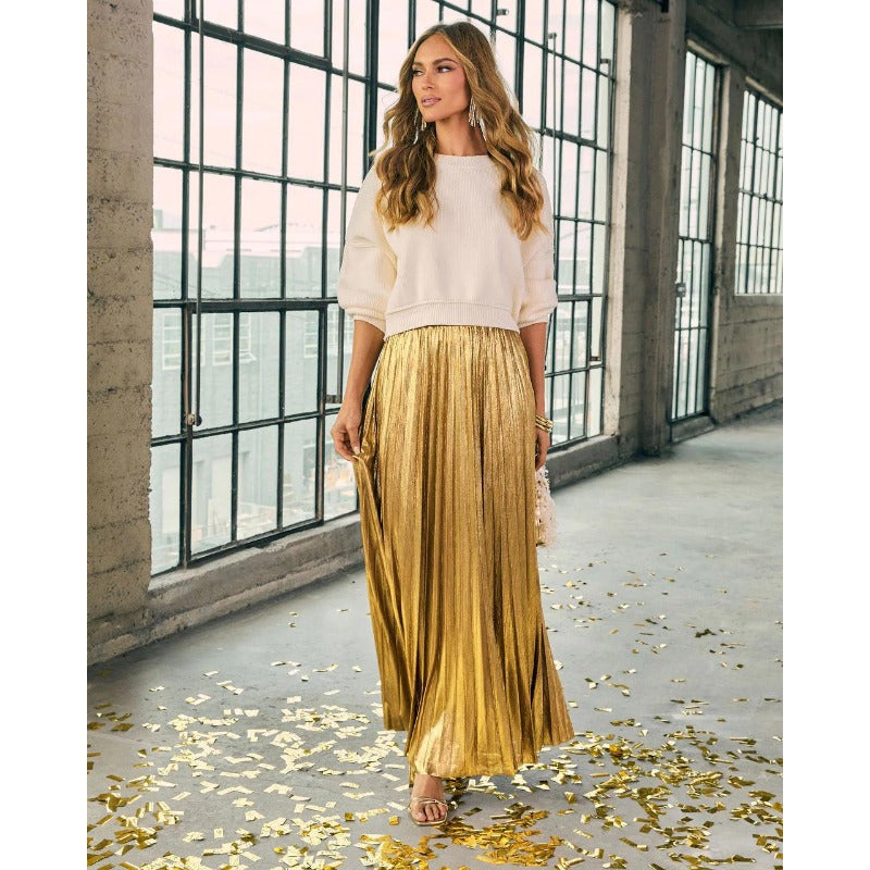 Women's pleated midi skirt wholesale - spring/summer collection. plus size, high waist, flowy, gold beach skirt for women - european & american style