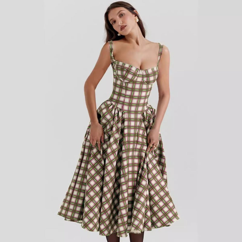 Women's dress - cross-border european & american style - french plaid high-end summer dress - spaghetti strap gingham maxi dress - court style